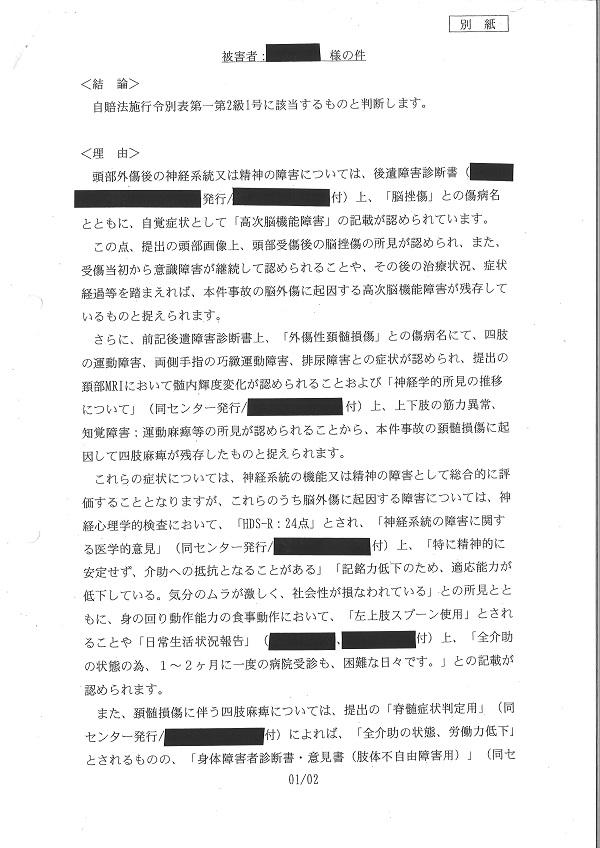 高次脳機能障害・頸髄損傷】後遺障害等級２級が異議申立により１級に 